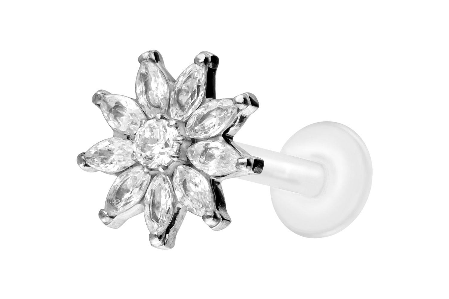 PTFE Labret Piercing mit Innengewinde + Titan-Aufsatz KRISTALLBLUME